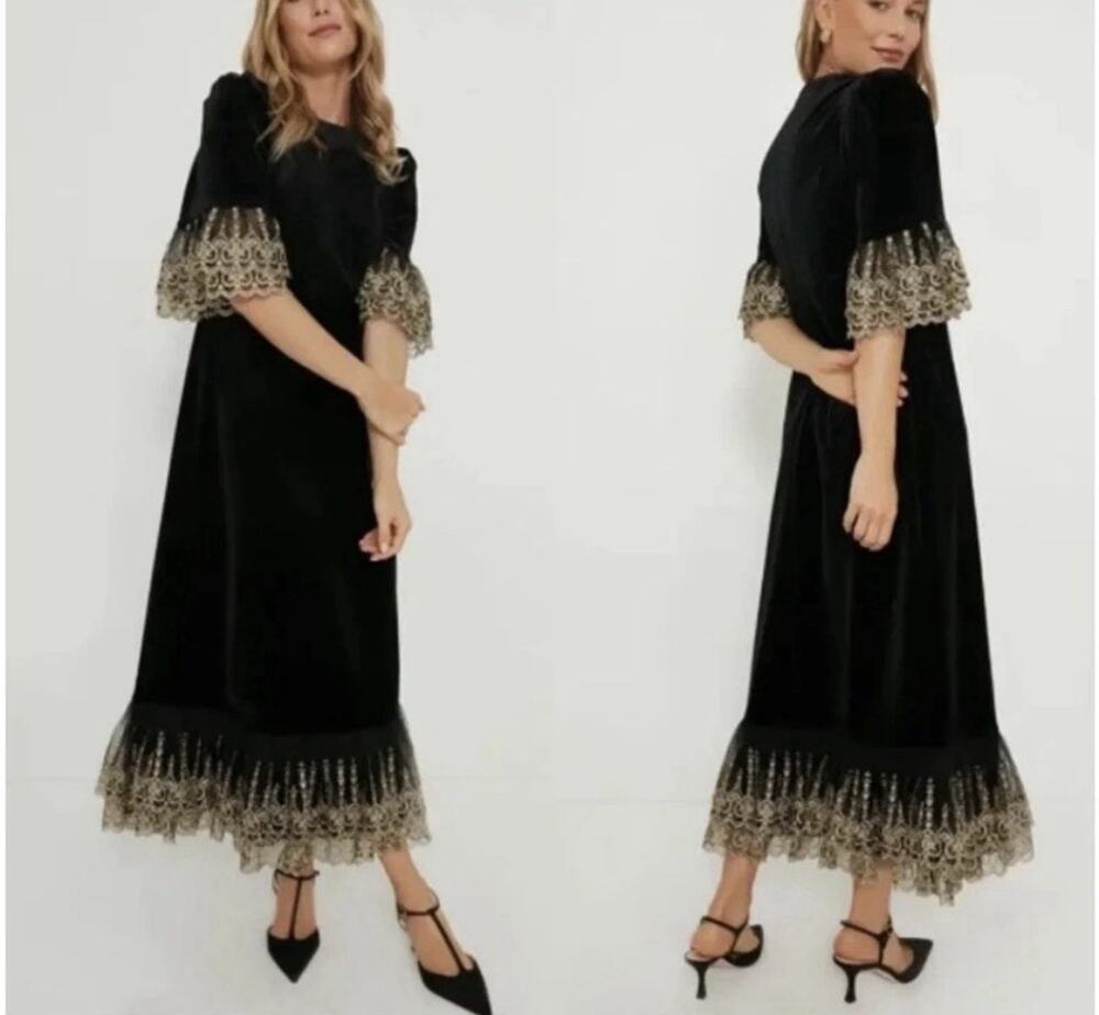 Pomander Place Tuckernuck Lillith Midi Dress Size XL Black Gold Lace NWT Gala